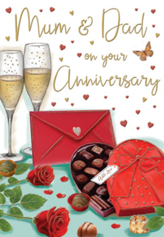 The anniversary card shown here is illustrated like a romantic still life set for devoted parents in Honor Oak, full of small details that speak of time, care, and celebration. Two tall champagne flutes stand close together at the centre, rendered in fine lines that make the glass look bright and fragile. They are filled with sparkling golden liquid, tiny bubbles climbing toward the surface as if about to burst into a joyous clink of glasses. Just below, a heart-shaped box of chocolates rests invitingly on the table, painted in deep, glossy red. A lavish red bow sits proudly on its lid, the ribbon loops curling and catching the light much like the ribbon a florist might tie around a bouquet for same-day anniversary delivery around Forest Hill and Honor Oak. The lid is angled open to reveal carefully arranged chocolates, each one shaded to suggest smooth, rich centres hidden beneath crisp shells. Set beside this indulgent treat, two vivid red roses lie against a scatter of fresh green leaves, their plush petals spiralling outward in velvety layers as realistic as any stem selected early that morning at the flower market. You can almost picture their fragrance drifting through a quiet home, mingling with the warm scent of chocolate and the soft fizz of champagne. The background is sprinkled with golden and crimson heart motifs, floating lightly around a handwritten "Mum & Dad" message that curves across the upper part of the card, adding a personal, affectionate touch. A rich scarlet envelope, neatly closed and placed at an angle, hints at words of gratitude and devotion, perhaps written by grown-up children thanking their parents for years of patient, enduring love. The composition feels intimate and glowing, like an evening spent reminiscing and celebrating the journey of a shared life.